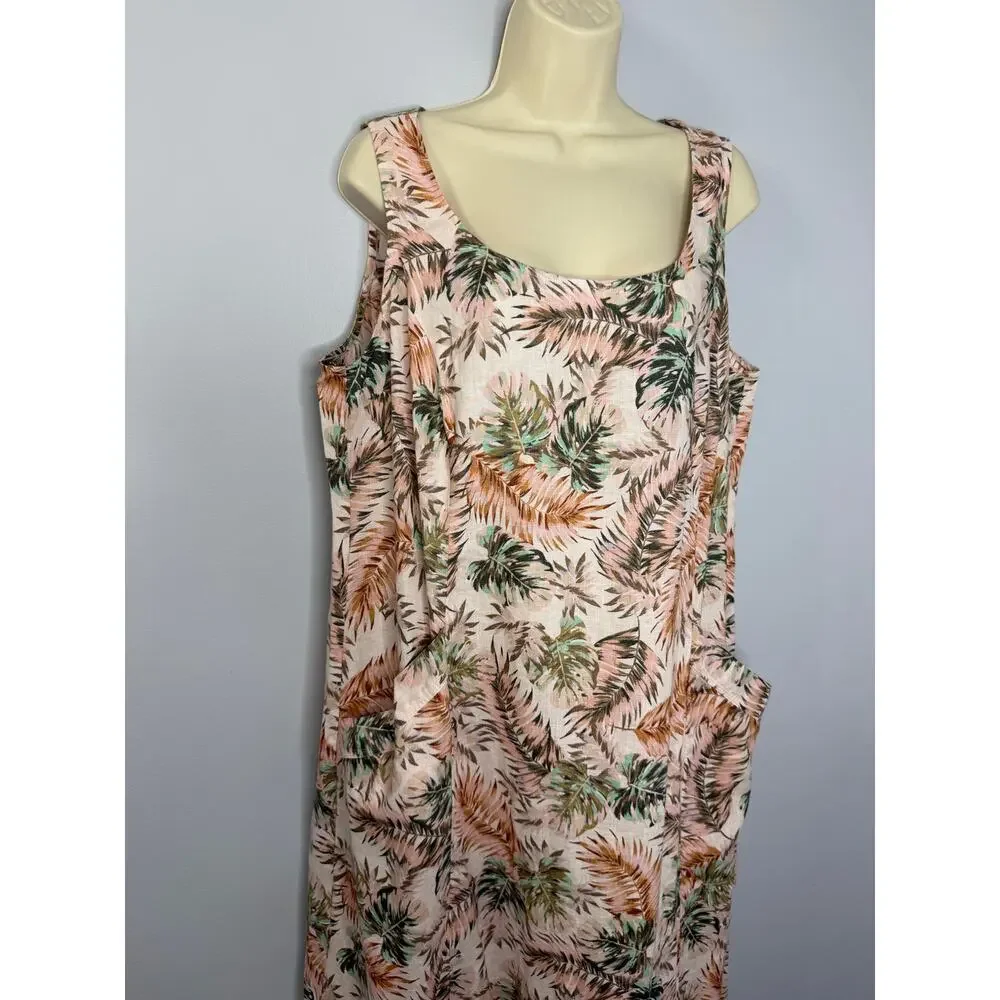 J.jill Love Linen Palm Leaf Soft Pink Pocket Maxi Dress Coastal Beach XL new